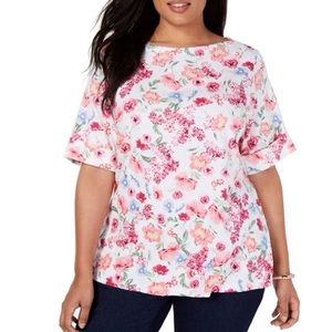 Karen Scott Womenś  Floral Cuffed Top White Size XL